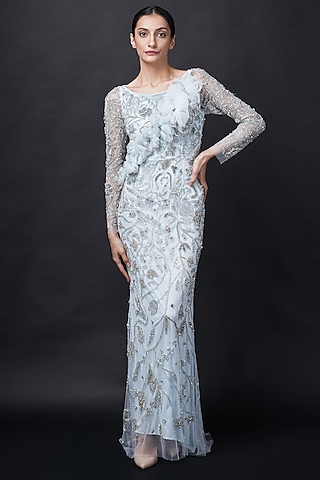 Baby Blue Viscose Sequins Embroidered Gown by Fibre World