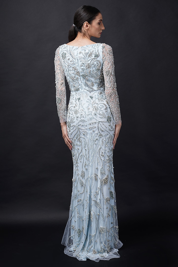 Baby Blue Viscose Sequins Embroidered Engagement Gown by Fibre World at Pernia's Pop Up Shop