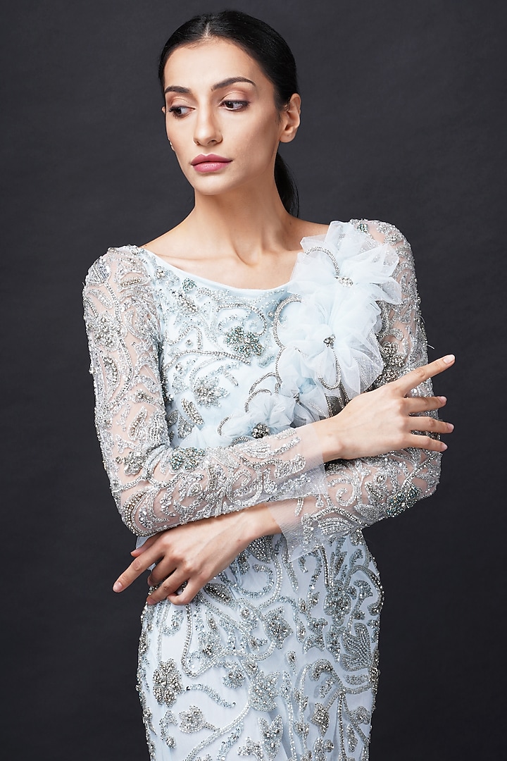 Baby Blue Viscose Sequins Embroidered Engagement Gown by Fibre World at Pernia's Pop Up Shop