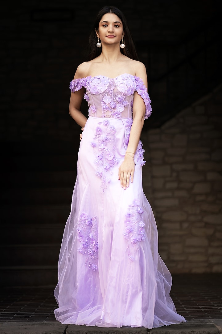 Lavender Viscose Tulle Floral Embroidered Gown by Fibre World at Pernia's Pop Up Shop