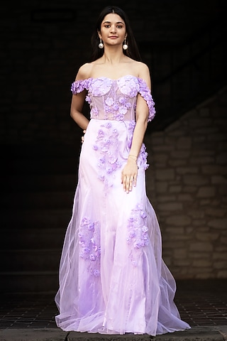 Lavender Viscose Tulle Floral Embroidered Gown by Fibre World