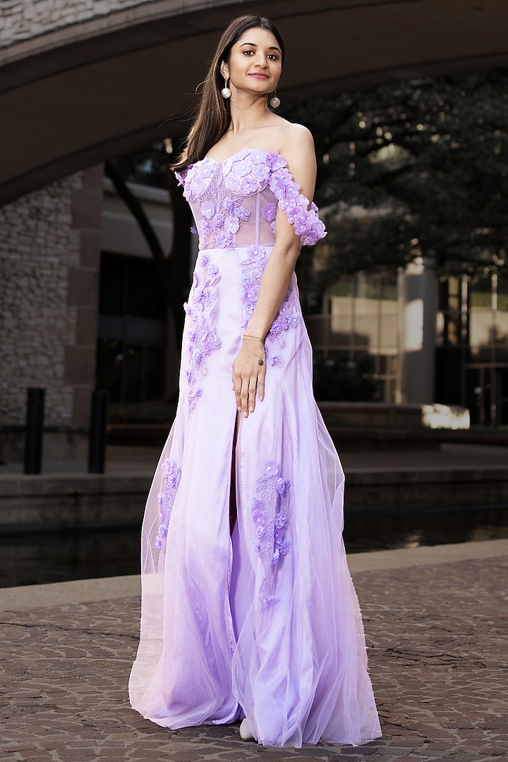 lavender engagement dresses Lavender has never looked more beautiful  , a dreamy engagement gown,  blooms with lilac flowers and flows gracefully with its gorgeous cape  embodying elegance and beauty in every step, #reels #dubai