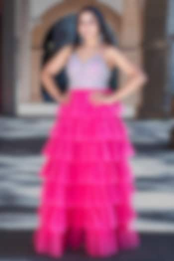 Pink Viscose Tulle Embellished Ruffled Gown by Fibre World at Pernia's Pop Up Shop