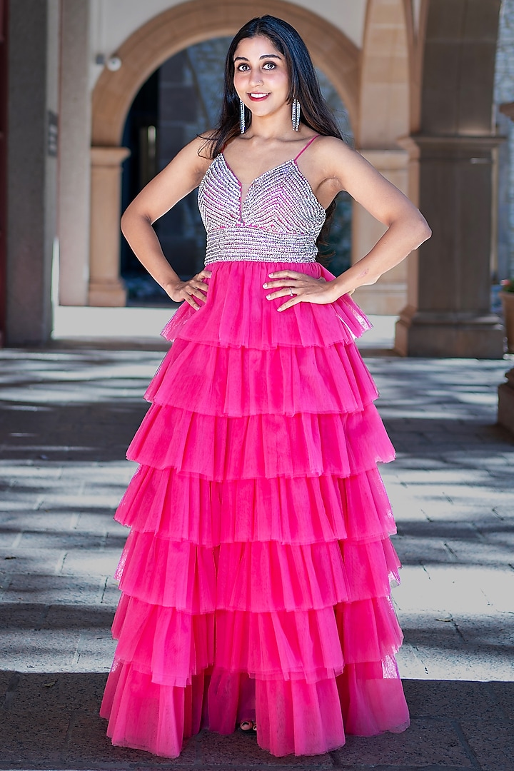 Pink Viscose Tulle Embellished Ruffled Gown by Fibre World at Pernia's Pop Up Shop