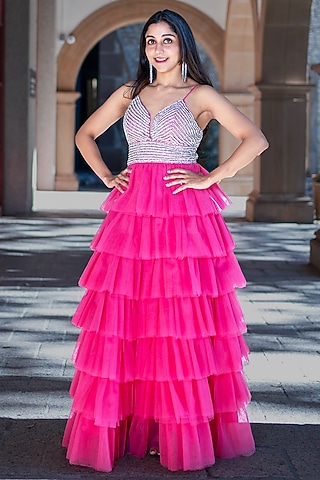 Pink Viscose Tulle Embellished Ruffled Gown by Fibre World