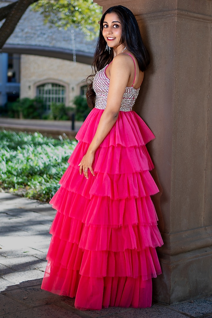 Pink Viscose Tulle Embellished Ruffled Engagement Gown by Fibre World at Pernia's Pop Up Shop