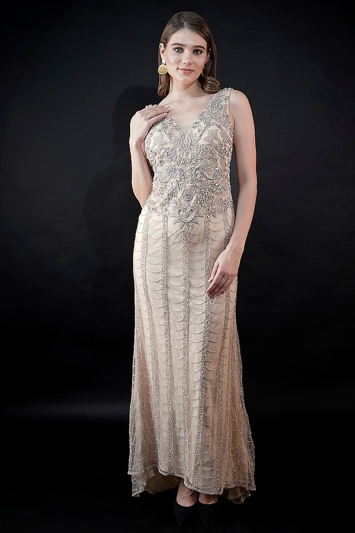 Beige Viscose Tulle Sequins Embellished Gown by Fibre World at Pernia's Pop Up Shop