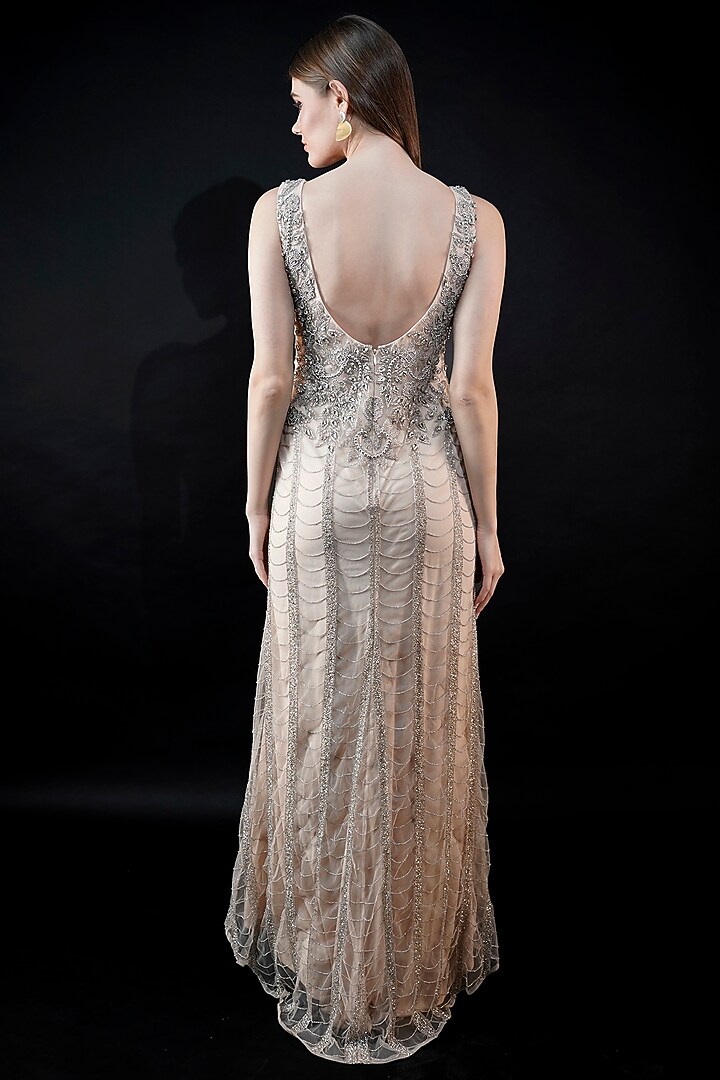 Beige Viscose Tulle Sequins Embellished Engagement Gown by Fibre World at Pernia's Pop Up Shop