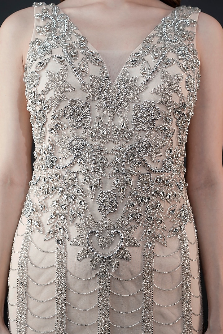 Beige Viscose Tulle Sequins Embellished Engagement Gown by Fibre World at Pernia's Pop Up Shop