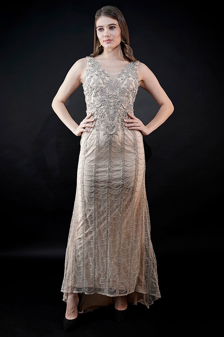 Beige Viscose Tulle Sequins Embellished Engagement Gown by Fibre World at Pernia's Pop Up Shop