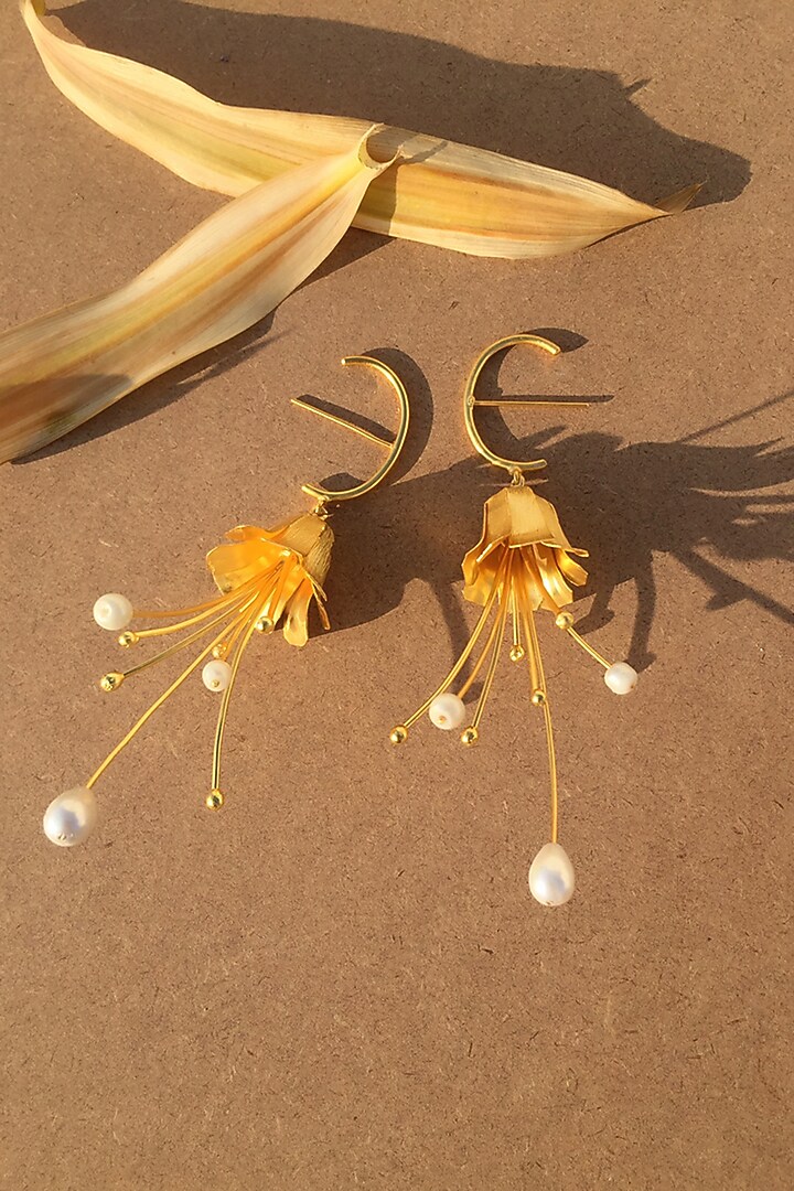 Gold Plated Handcrafted Pearl Tulip Earrings by Fusio at Pernia's Pop Up Shop