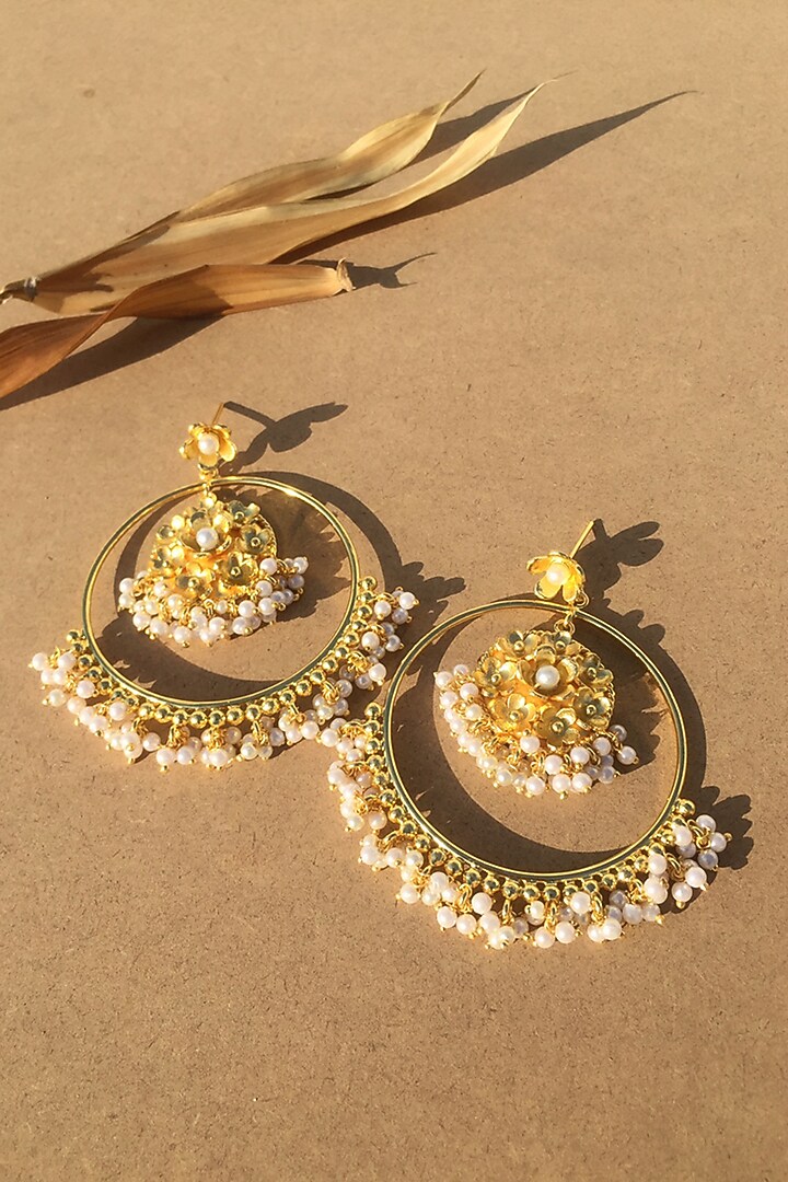 Gold Plated Handcrafted Pearl Chandbali Earrings by Fusio at Pernia's Pop Up Shop