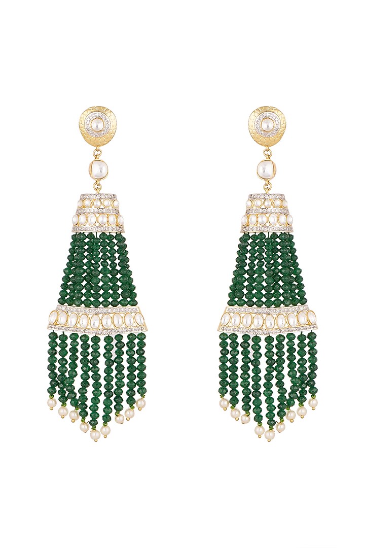 Gold Finish Emerald Tassel Earrings by Firdaus By Akshita