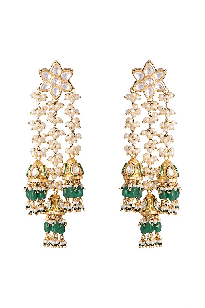 Gold Finish Triple Hanging Jhumka Earrings by Firdaus By Akshita