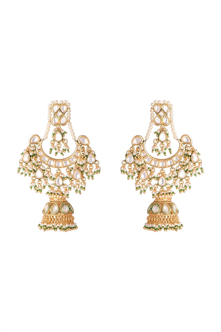 Gold Finish Green Stones Jhumka Earrings by Firdaus By Akshita