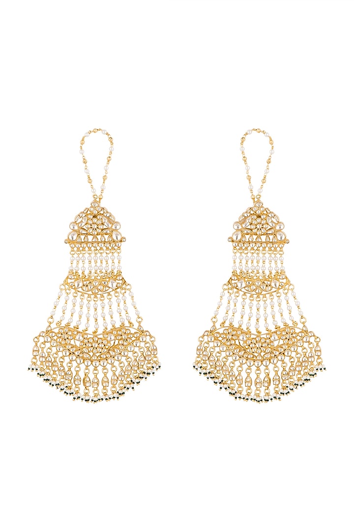 Gold Finish Wide Kundan Jaal Dangler Earrings by Firdaus By Akshita
