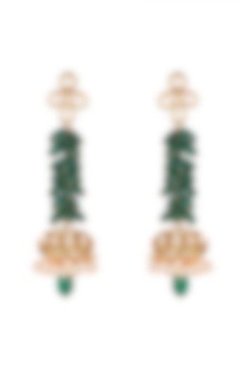 Gold Finish Kundan & Emerald Jhumka Earrings by Firdaus By Akshita