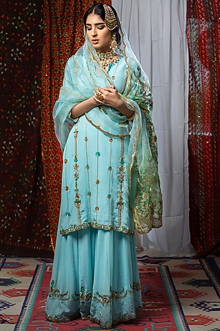 Aqua Hand Embroidered Sharara Set by Firozi