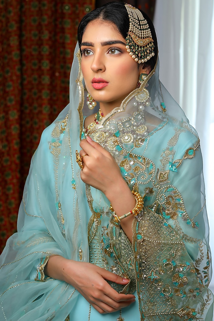 Aqua Hand Embroidered Wedding Sharara Set by Firozi at Pernia's Pop Up Shop