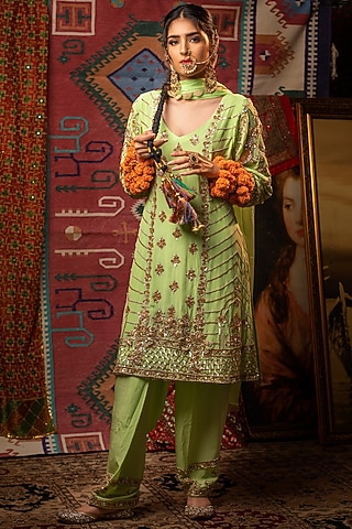 Lime Green Hand Embroidered Kurta Set by Firozi