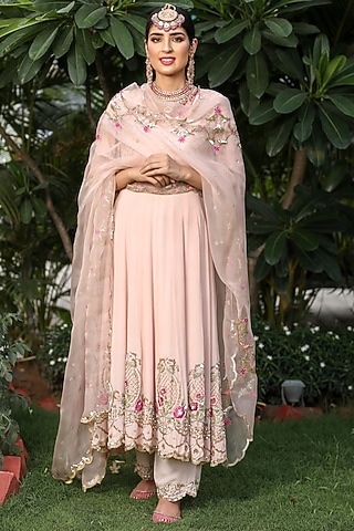 Blush Pink Hand Embroidered Anarkali Set by Firozi