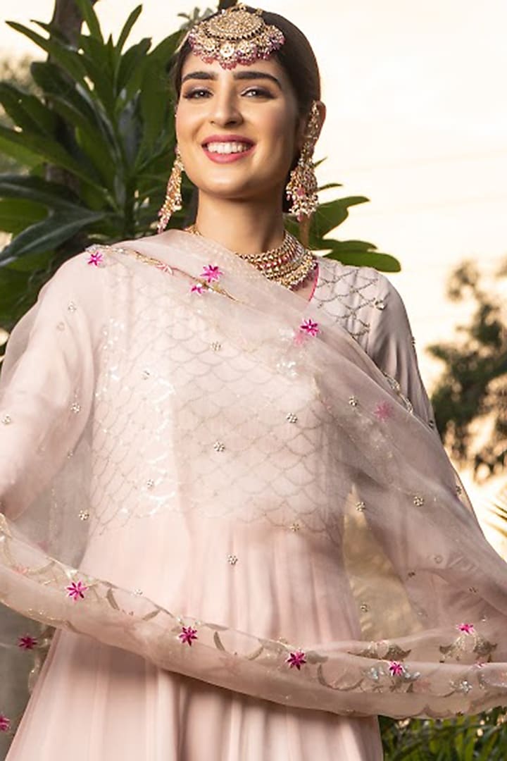 Blush Pink Hand Embroidered Wedding Anarkali Set by Firozi at Pernia's Pop Up Shop
