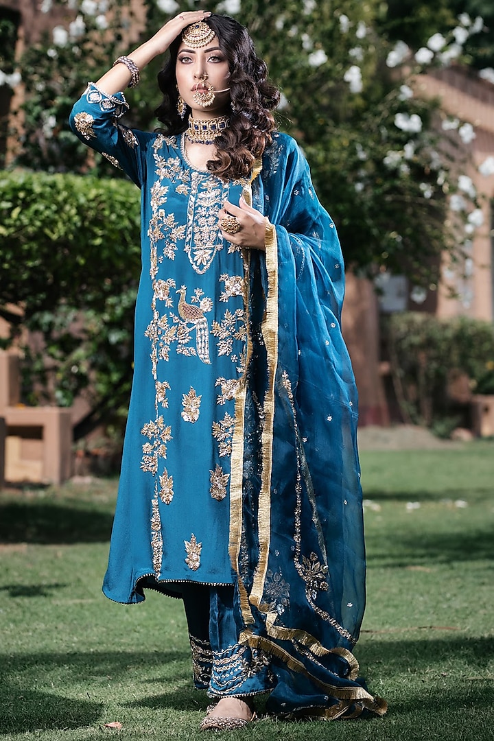 Cobalt Blue Embroidered Kurta Set by Firozi