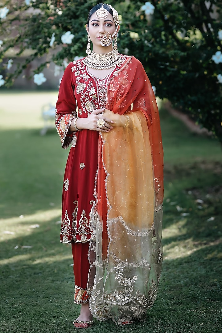 Red Hand Embroidered Anarkali Set by Firozi