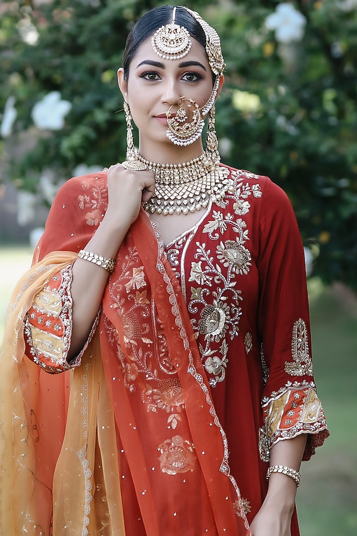 Red Hand Embroidered Wedding Anarkali Set by Firozi at Pernia's Pop Up Shop