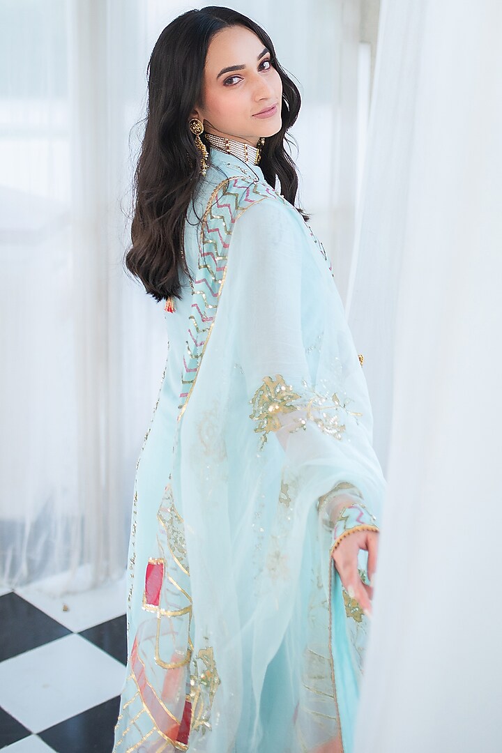 Sky Blue Hand Embroidered Kurta Set by Firozi at Pernia's Pop Up Shop