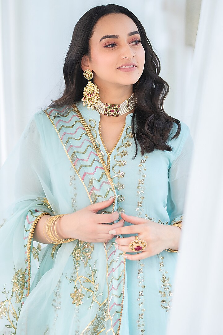 Sky Blue Hand Embroidered Kurta Set by Firozi at Pernia's Pop Up Shop