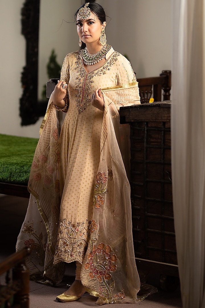 Gold Hand Embroidered Anarkali Set by Firozi