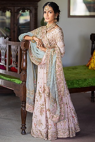 Blush Pink Hand Embroidered Lehenga Set by Firozi