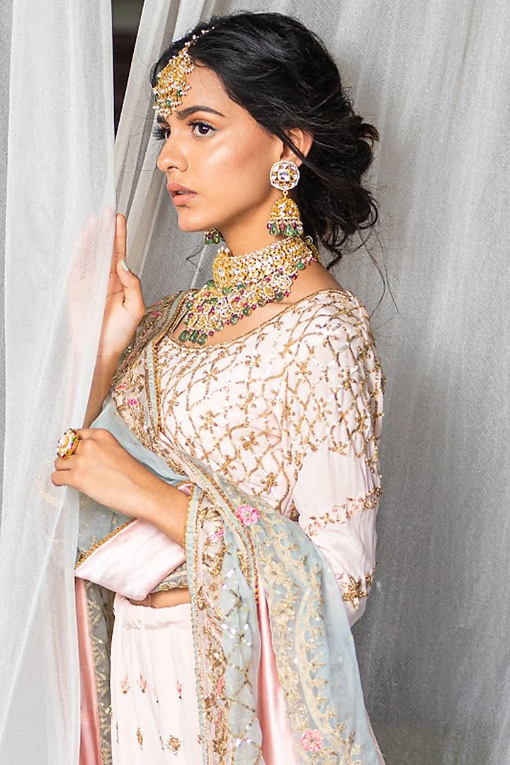 Blush Pink Hand Embroidered Wedding Lehenga Set by Firozi at Pernia's Pop Up Shop