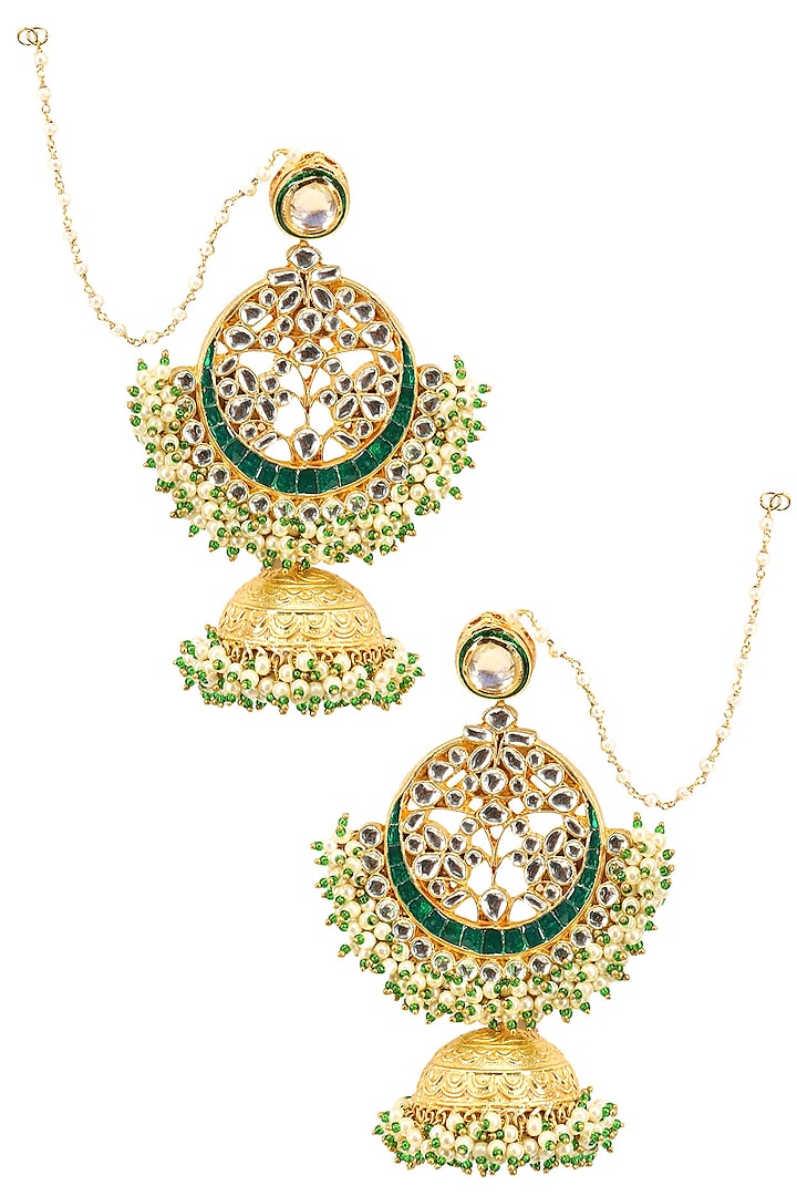 Gold Finish Green and Kundan Stones Earrings by Firdaus By Akshita