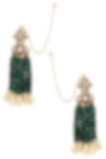 Gold Finish Kundan and Green Beads Earrings by Firdaus By Akshita
