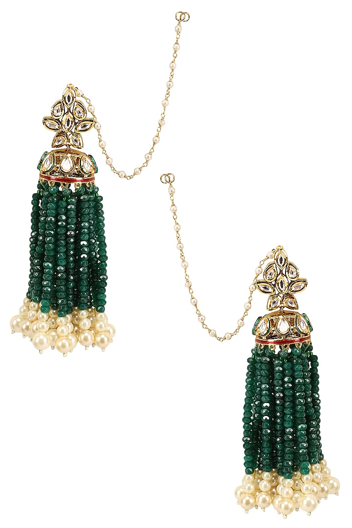 Gold Finish Kundan and Green Beads Earrings by Firdaus By Akshita