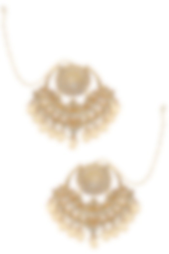 Gold Finish Kundan and Pearl Crescent Earrings by Firdaus By Akshita
