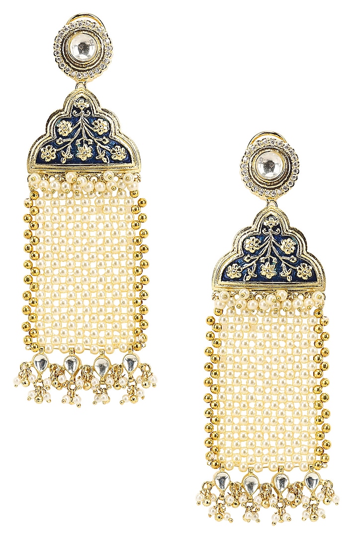 Gold Finish Kundan and Pearl Jaal Earrings by Firdaus By Akshita