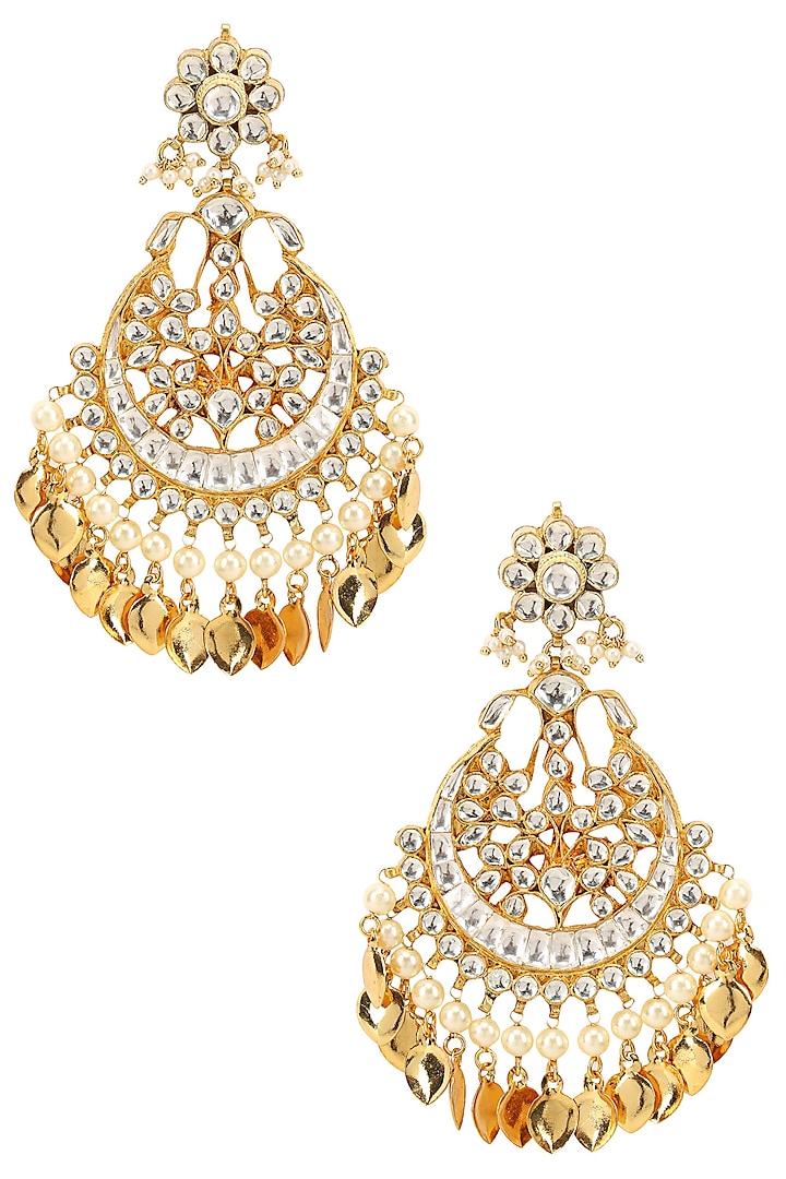 Gold Finish Kundan Studded Crescent Earrings by Firdaus By Akshita