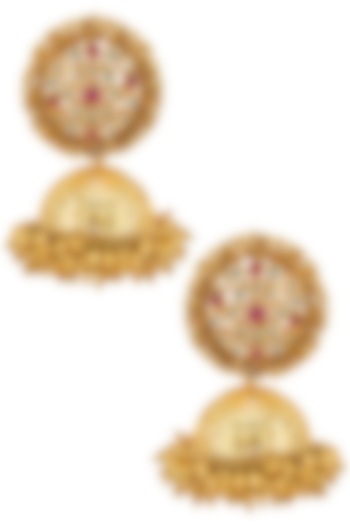 Gold Finish Pink and Kundan Stones Jhumki Drop Earrings by Firdaus By Akshita