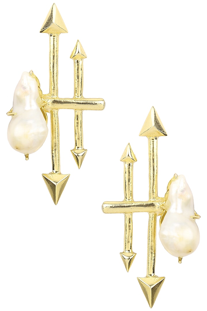 Gold Finish Baroque Pearl Arrrow Earrings by Firdaus By Akshita