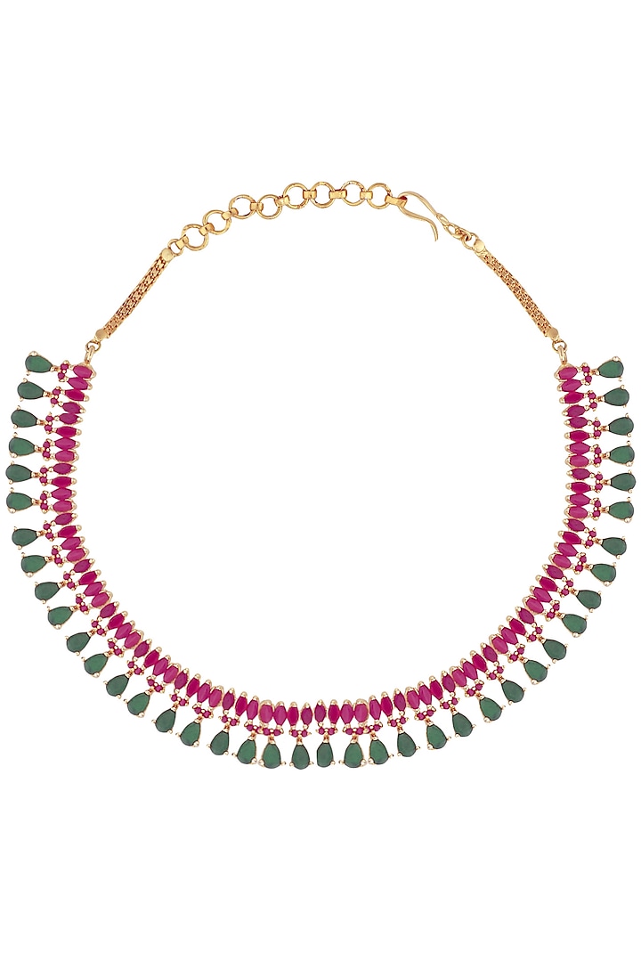Gold Finish Pink and Green Stones Necklace by Firdaus By Akshita
