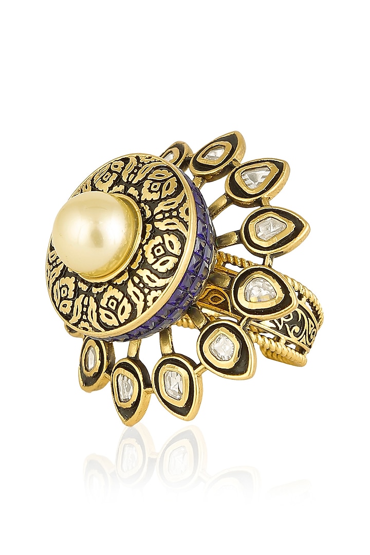 Antique Gold Finish Blue Zircons and Pearl Ring by Firdaus By Akshita