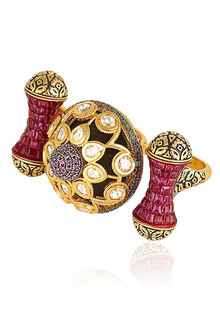 Antique Gold Finish White Stones and Dark Pink Zircons Ring by Firdaus By Akshita