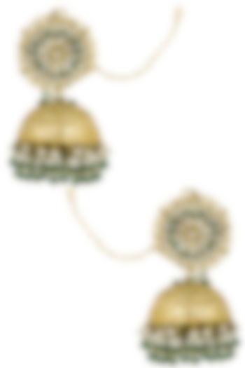 Gold Finish Green Beads and White Pearls Jhumki Earrings by Firdaus By Akshita