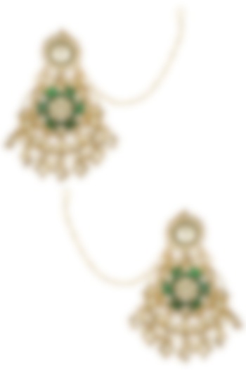 Gold Finish Green Enamelled and White Stones Chandbali Earrings by Firdaus By Akshita