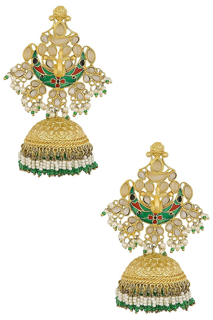 Gold Finish Green and White Stones Peacock Jhumki Drop Earrings by Firdaus By Akshita