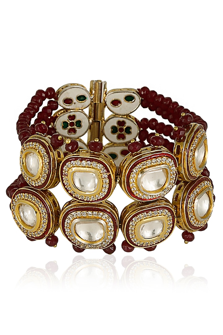 Gold Finish Kundan and Red Beads Six Strings Bracelet by Firdaus By Akshita