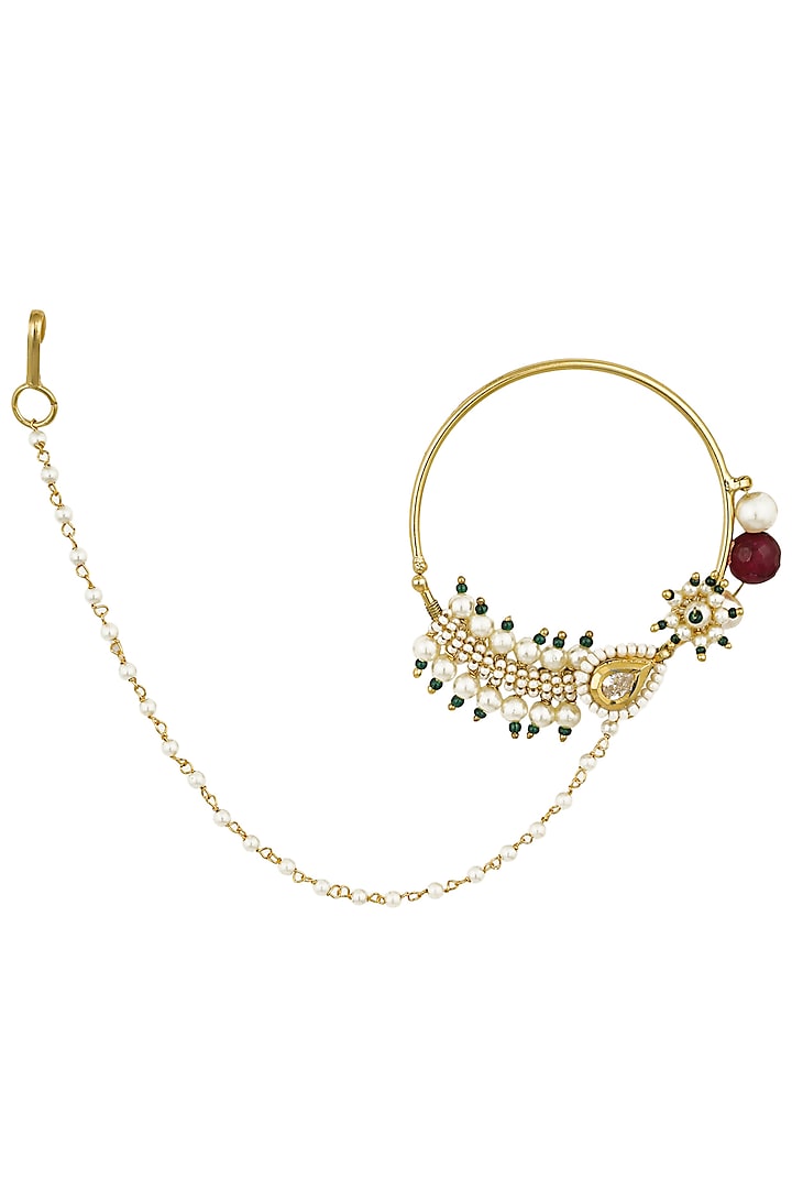 Gold Finish Green, Red Beads and Pearls Nose Ring Nath by Firdaus By Akshita